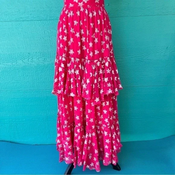 knee length dresses for ladies Pink High Neck Ruffle Tiered A-Line Midi Dress main image 1